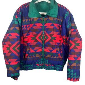 Vintage Andy Johns Jacket Mens Medium Blue Green Reversible Southwestern Puffer